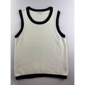 Talbots Womens Ivory Black Contrast Trim Knit Sweater Vest Crew Neck Large